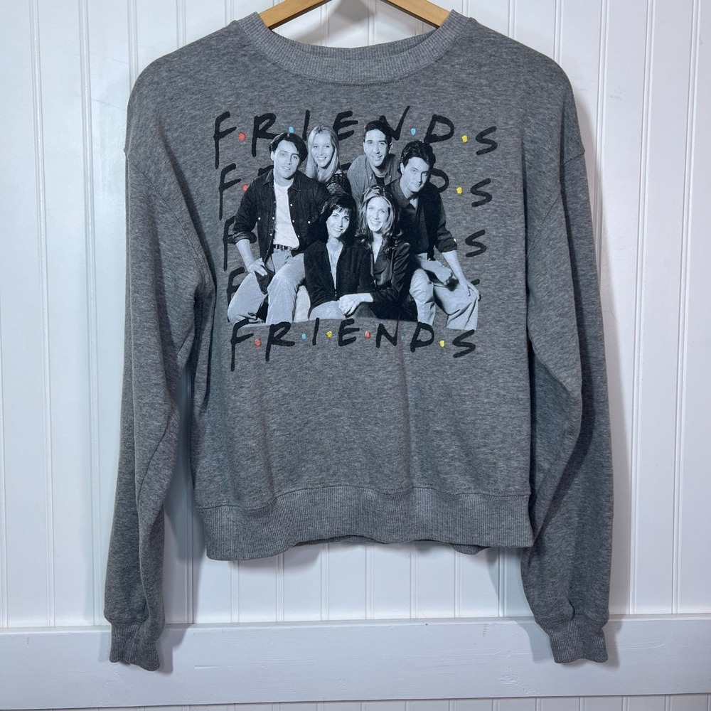 Friends TV Nostalgia 90s Graphic Sweatshirt Gray Crew Neck Pullover Long Sleeve